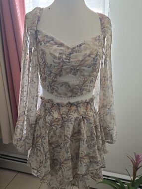 Sheer Floral Long-Sleeve Mini Dress - Ivory Blush